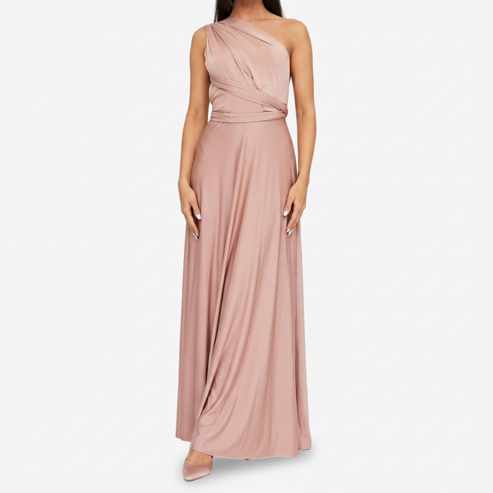 VALERIQUE | Femme Robe Longue Asymétrique pour Femme - Rose Poudré et Beige