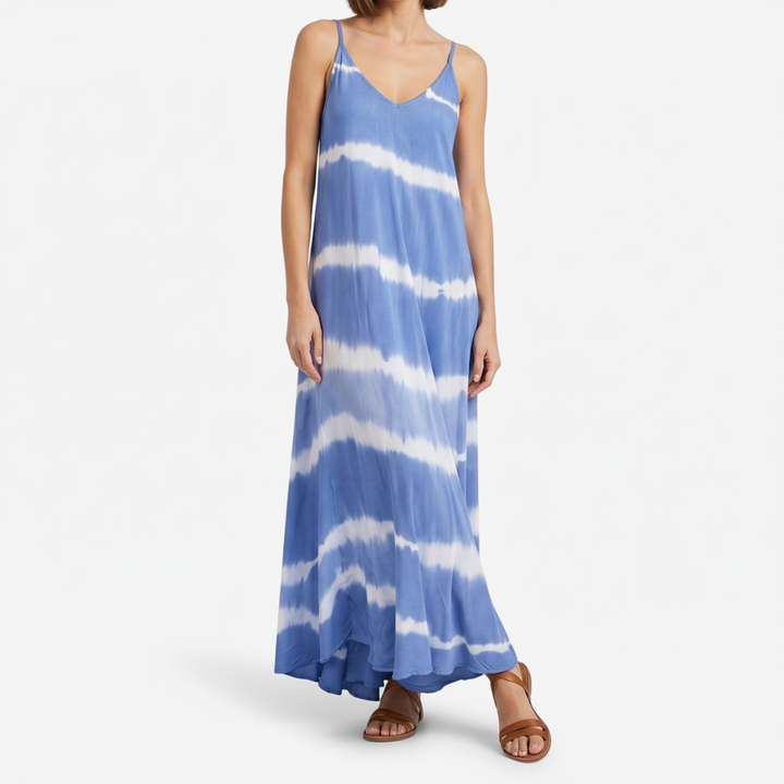 VALERIQUE | Femme Robe Maxi Décontractée Tie-Dye en Mélange de Coton Bleu et Gris, Bretelles Fines, Col en V Profond