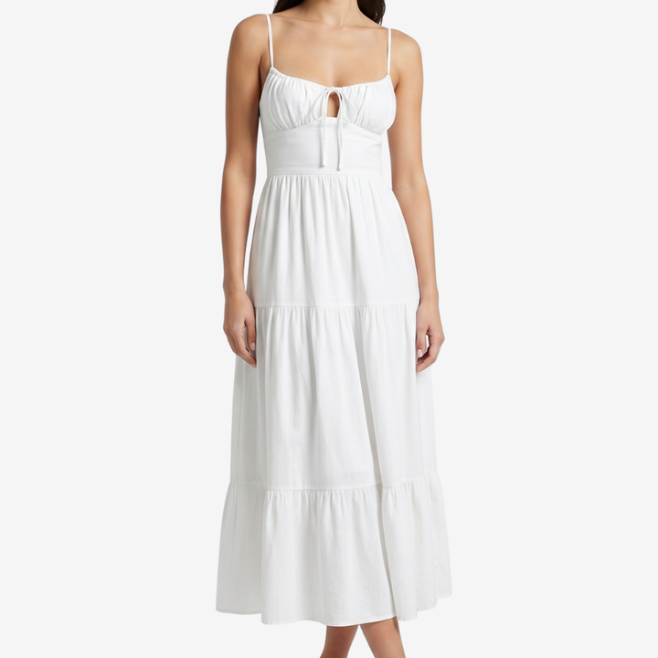 VALERIQUE | Femme Robe Maxi Décontractée en Mélange de Coton Blanc et Noir, Bretelles Fines, Col en V Profond