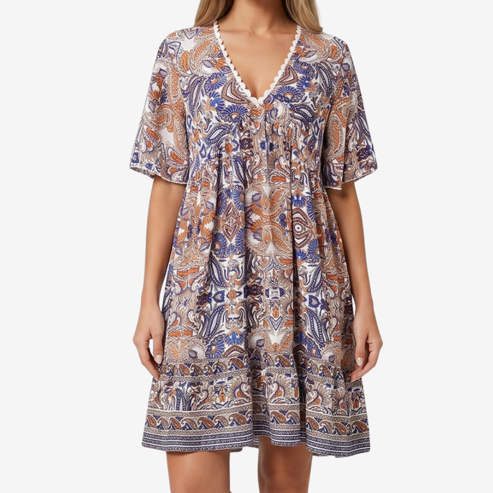 VALERIQUE | Femme Robe Boho Décontractée en Mélange de Coton Bleu et Jaune, Manches Courtes, Col en V Profond