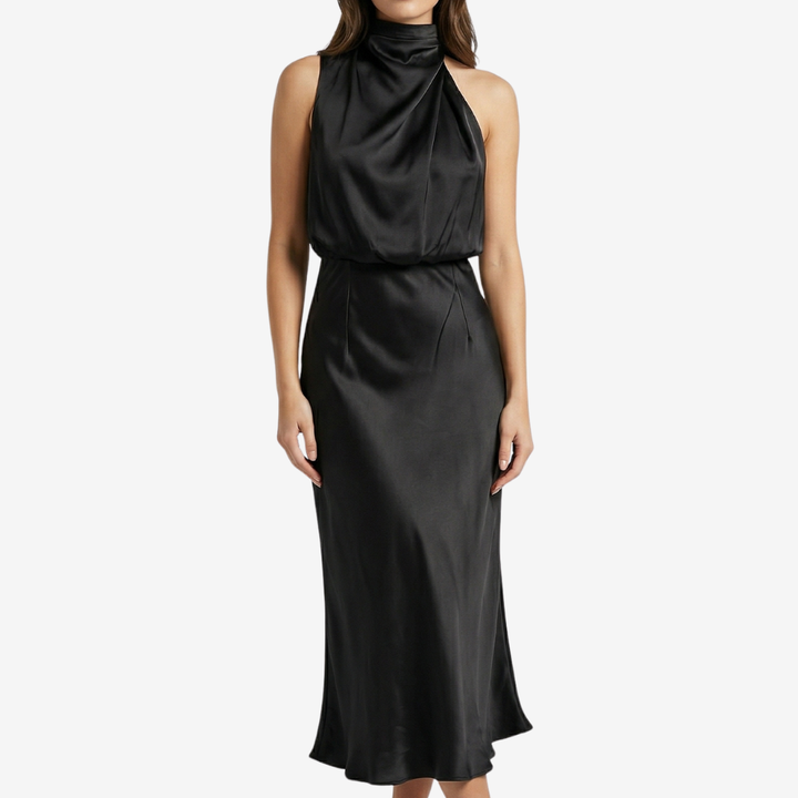 VALERIQUE | Femme Robe midi sans manches coupe ajustée col drapé style fluide