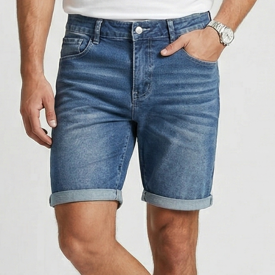 VALERIQUE | Homme short en jean bleu avec ourlets retroussés coupe ajustée pour usage quotidien