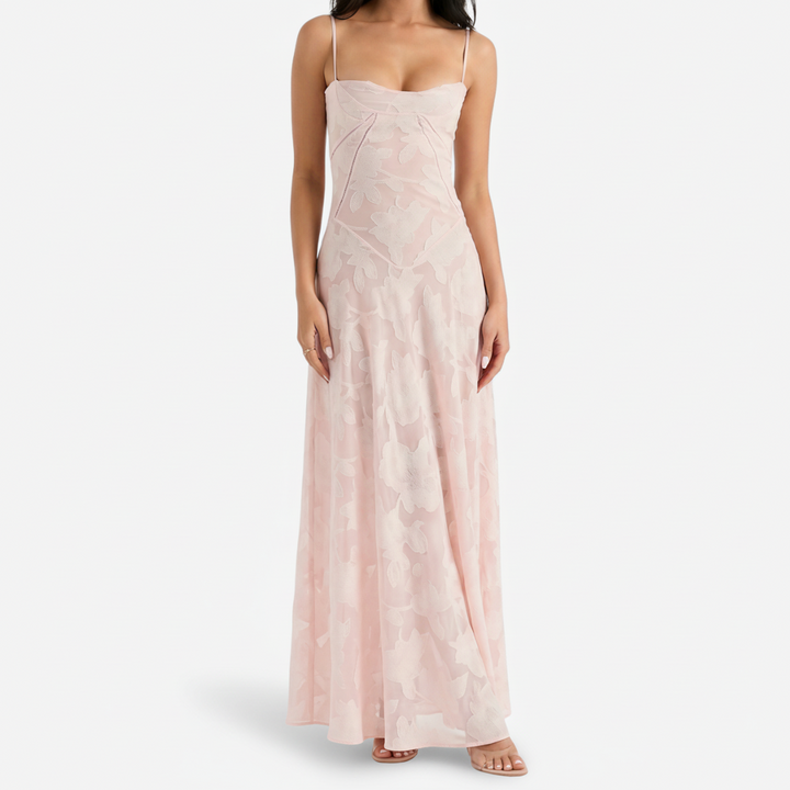 VALERIQUE | Femme Robe Longue Brodée Florale pour - Rose Poudré et Noir