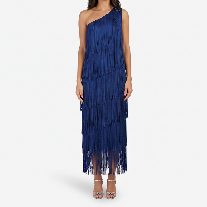 VALERIQUE | Femme Robe Formelle Asymétrique en Mélange de Coton Bleu, Franges Fluides, Bretelle Unique