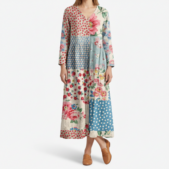 VALERIQUE | Femme Robe A-Line Patchwork Fleurie pour- Bleu Clair