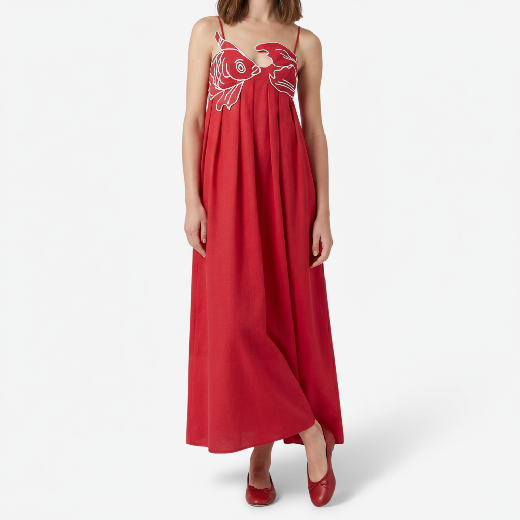 VALERIQUE | Femme Robe Maxi Décontractée en Mélange de Coton Rouge et Noir, Imprimé Poisson Blanc, Bretelles Ajustables