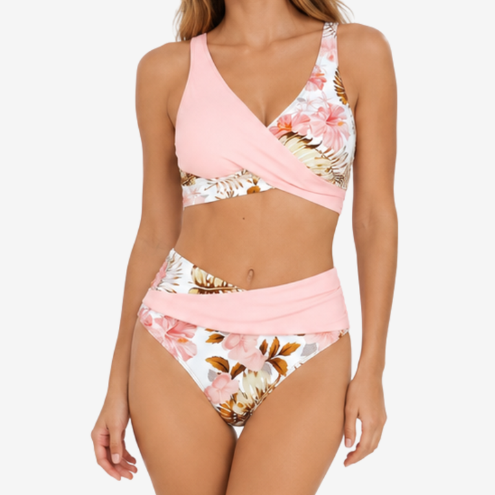 VALERIQUE | Ensemble Bikini Femme Croisé Fleuri – Maillot de Bain Deux Pièces Taille Haute