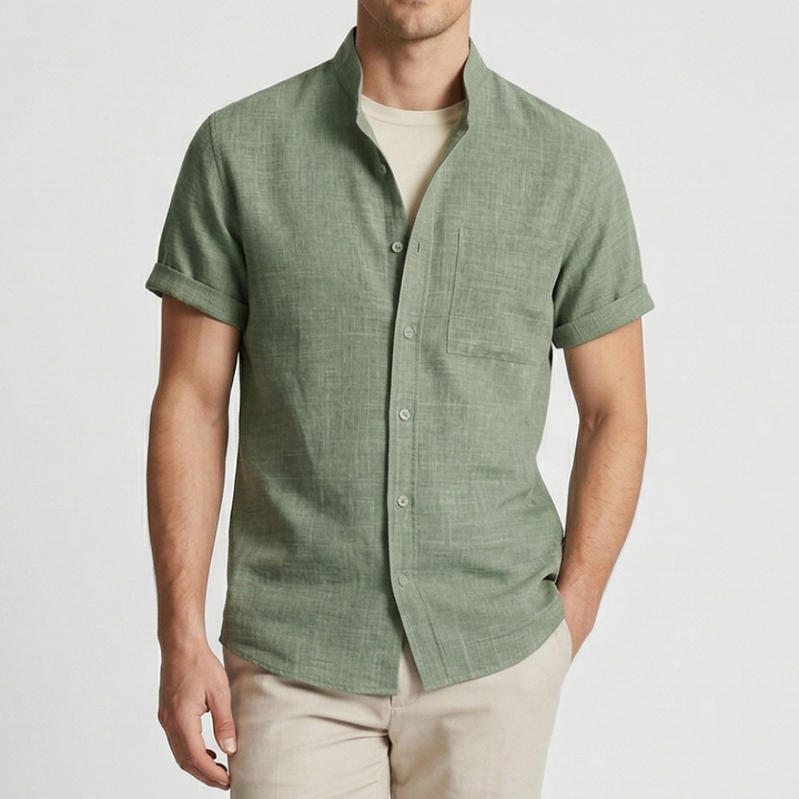 VALERIQUE | Homme chemise sauge en lin à manches courtes avec col officier et fermeture boutonnée pour usage quotidien