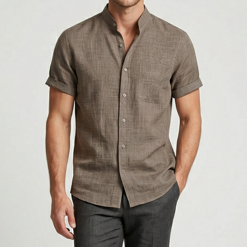 VALERIQUE | Homme chemise en lin à manches courtes avec col officier et fermeture boutonnée pour usage quotidien