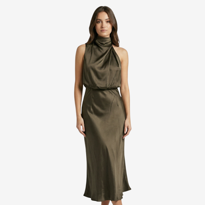 VALERIQUE | Femme Robe midi sans manches coupe ajustée col drapé style fluide