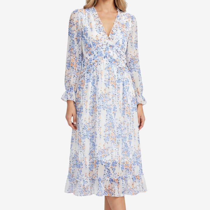 VALERIQUE | Femme Robe Longue Décontractée en Mélange de Coton Bleu et Blanc, Manches Longues, Col en V Profond