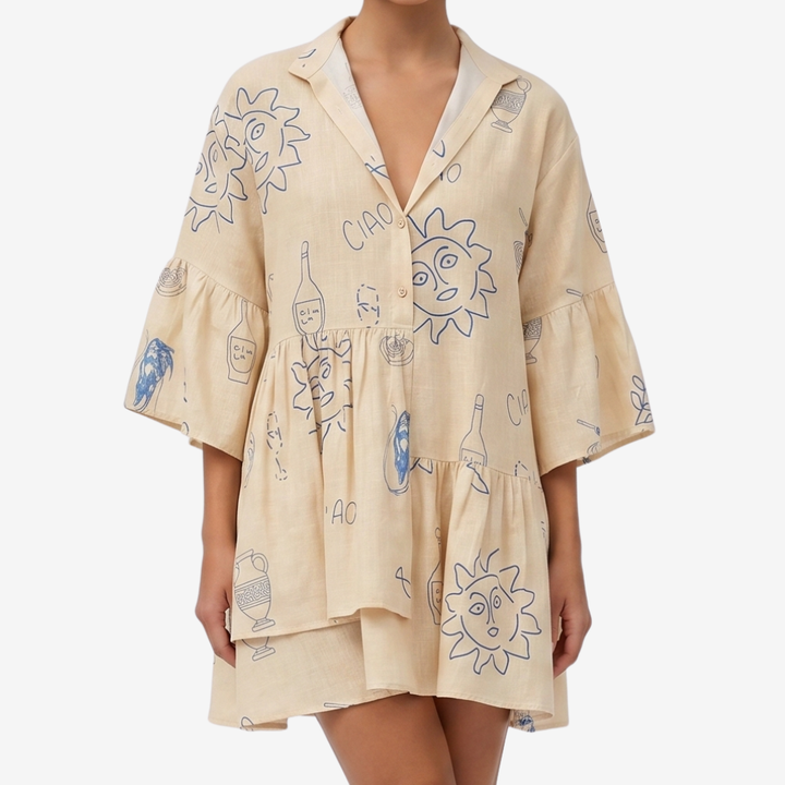 VALERIQUE | Femme Robe Décontractée A-Line en Mélange de Coton Beige, Imprimé, Manches Larges à Volants