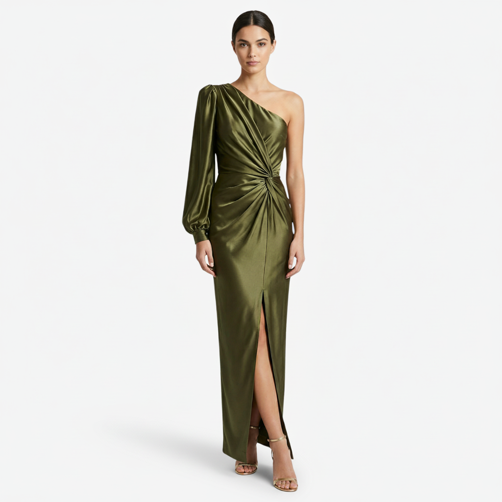 VALERIQUE | Femme Robe longue asymétrique manche longue coupe ajustée détail drapé style fluide
