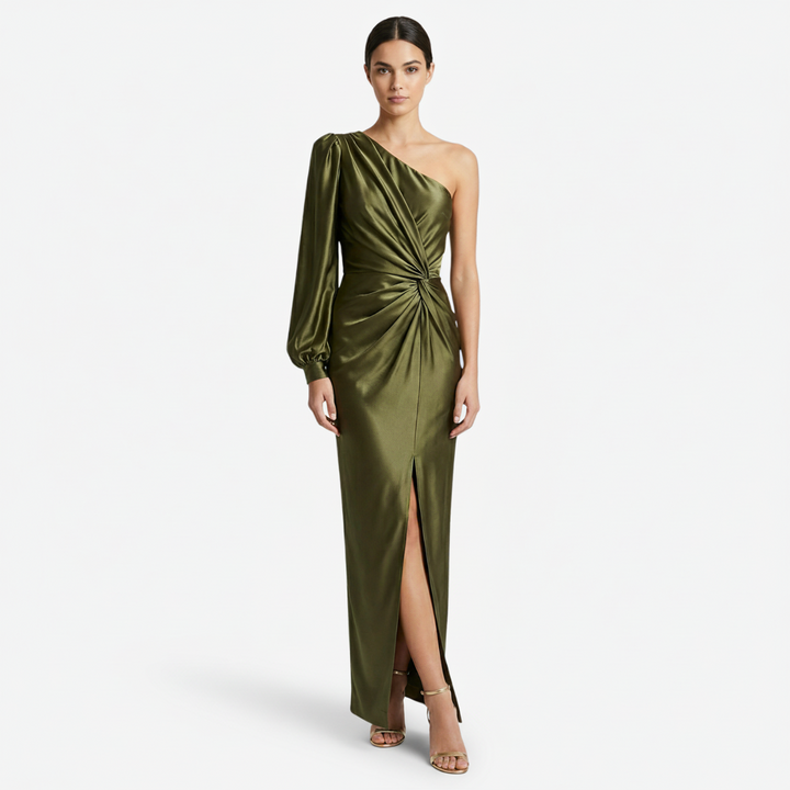 VALERIQUE | Femme Robe longue asymétrique manche longue coupe ajustée détail drapé style fluide