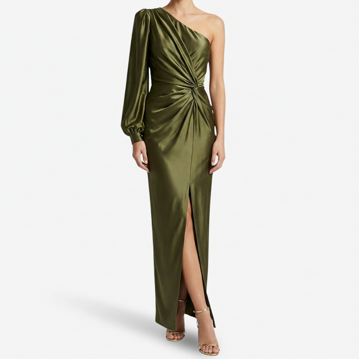 VALERIQUE | Femme Robe longue asymétrique manche longue coupe ajustée détail drapé style fluide
