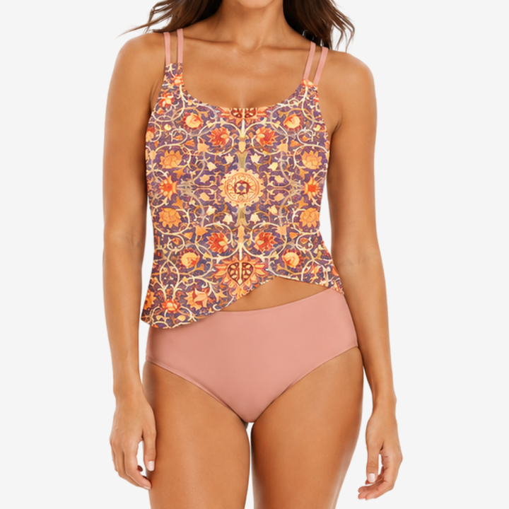 VALERIQUE | Ensemble Tankini Femme Asymétrique – Haut Imprimé Gainant avec Bas Taille Haute