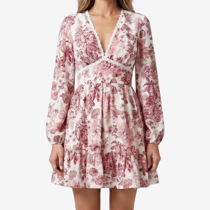 VALERIQUE | Femme Robe Florale Décontractée en Mélange de Coton Rose et Bleu, Manches Longues, Col en V Profond