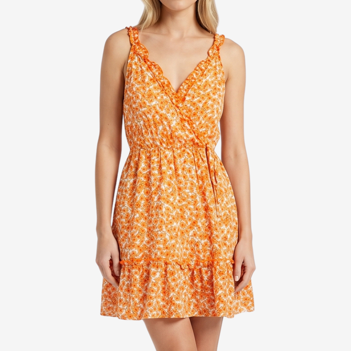 VALERIQUE | Femme Robe Enveloppante Décontractée en Mélange de Coton Orange et Jaune, Bretelles Ajustables, Taille Marquée