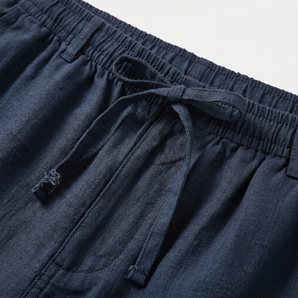VALERIQUE | Homme short en lin bleu marine à taille élastiquée avec cordon coupe décontractée pour usage quotidien
