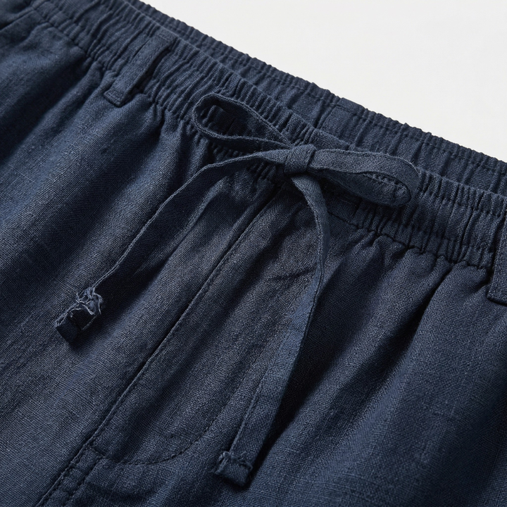VALERIQUE | Homme short en lin bleu marine à taille élastiquée avec cordon coupe décontractée pour usage quotidien