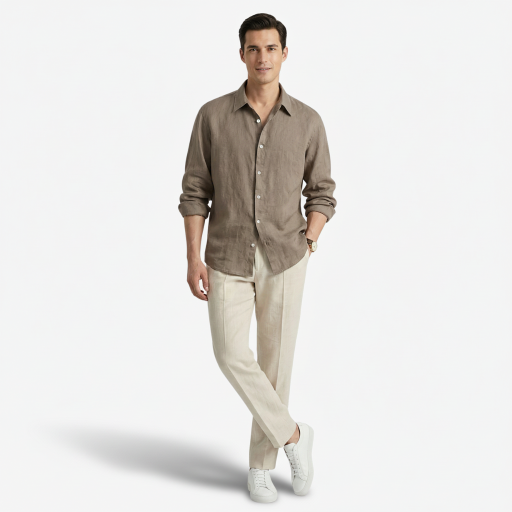 VALERIQUE | Homme Chemise en lin coupe ajustée manches longues décontracté