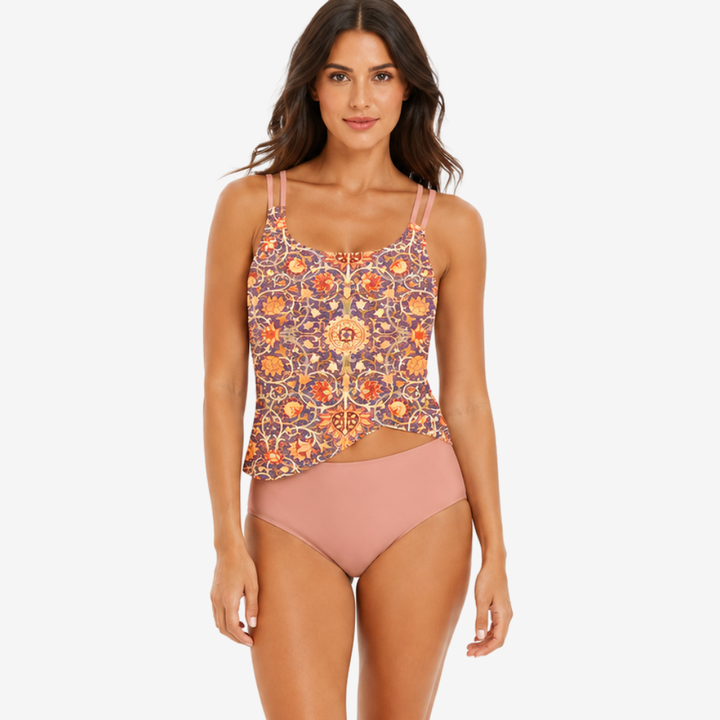VALERIQUE | Ensemble Tankini Femme Asymétrique – Haut Imprimé Gainant avec Bas Taille Haute