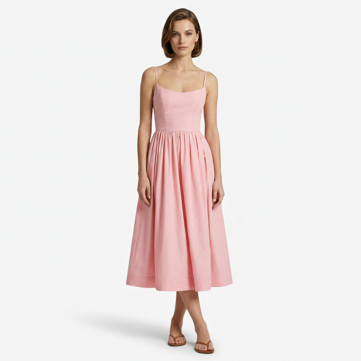 VALERIQUE | Femme Robe midi à fines bretelles coupe évasée style décontracté