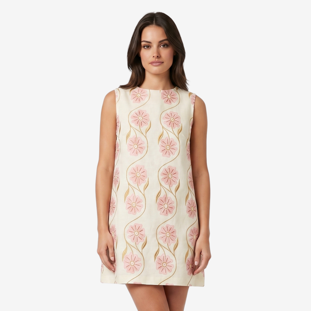 VALERIQUE | Robe Brodée Fleurie pour Femme - Crème et Rose