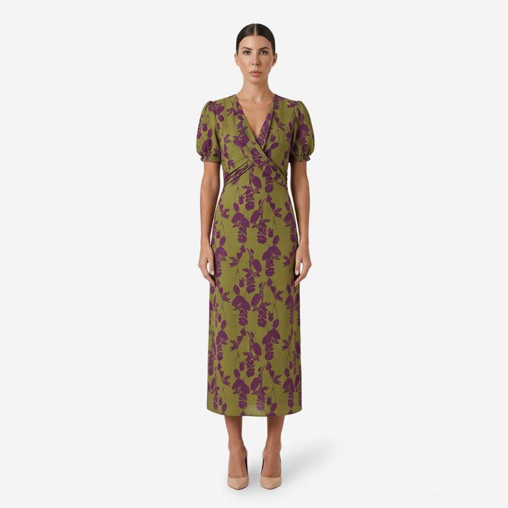 VALERIQUE | Femme Robe midi imprimé coupe ajustée col croisé manches courtes style décontracté