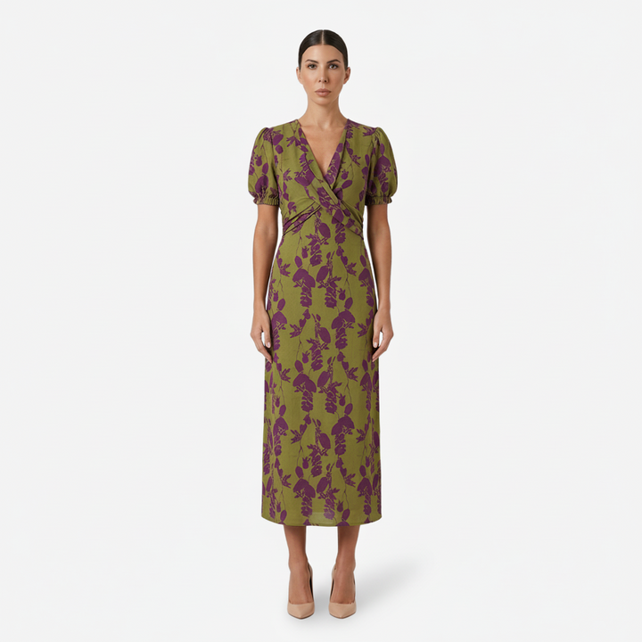 VALERIQUE | Femme Robe midi imprimé coupe ajustée col croisé manches courtes style décontracté