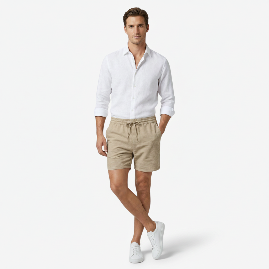 VALERIQUE | Homme Short Décontracté en Mousseline Beige - Taille Élastiquée avec Cordon de Serrage, Poches Latérales