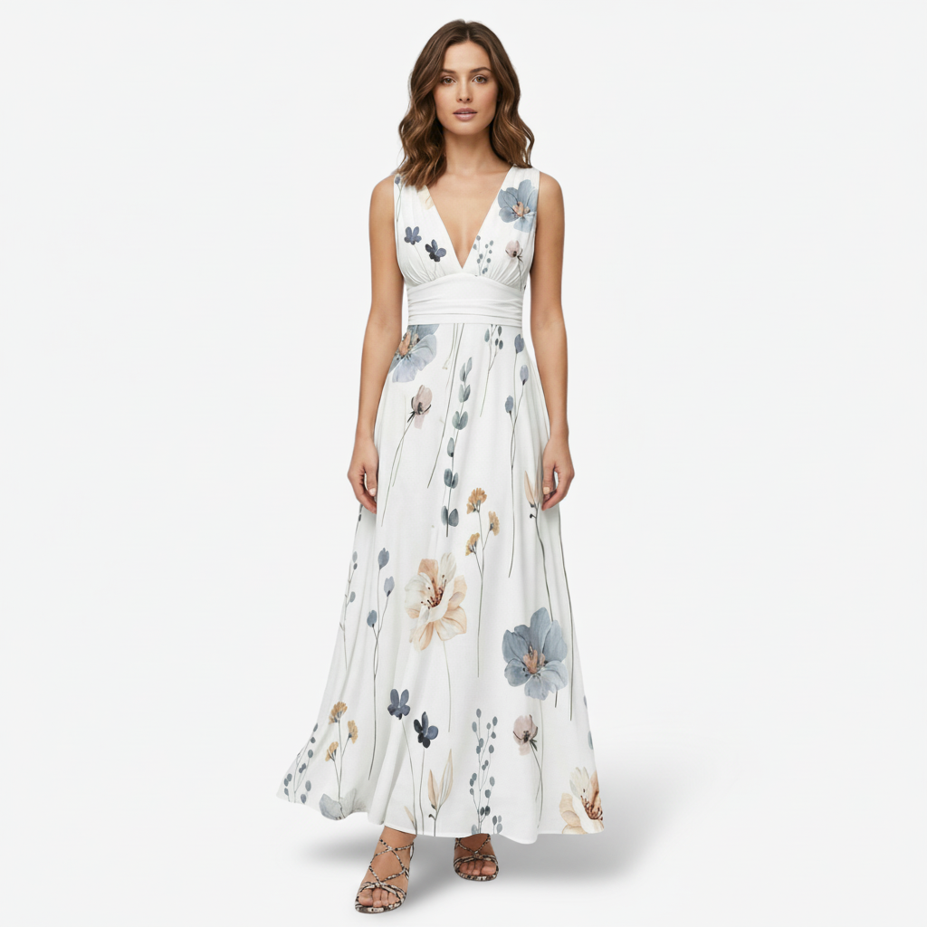 VALERIQUE | Femme Robe longue imprimé floral coupe évasée col V sans manches style décontracté
