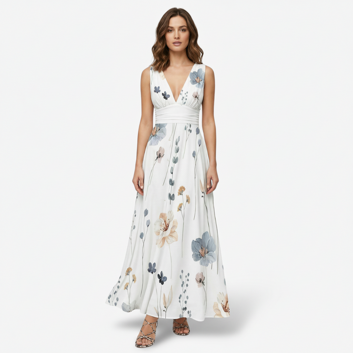 VALERIQUE | Femme Robe longue imprimé floral coupe évasée col V sans manches style décontracté