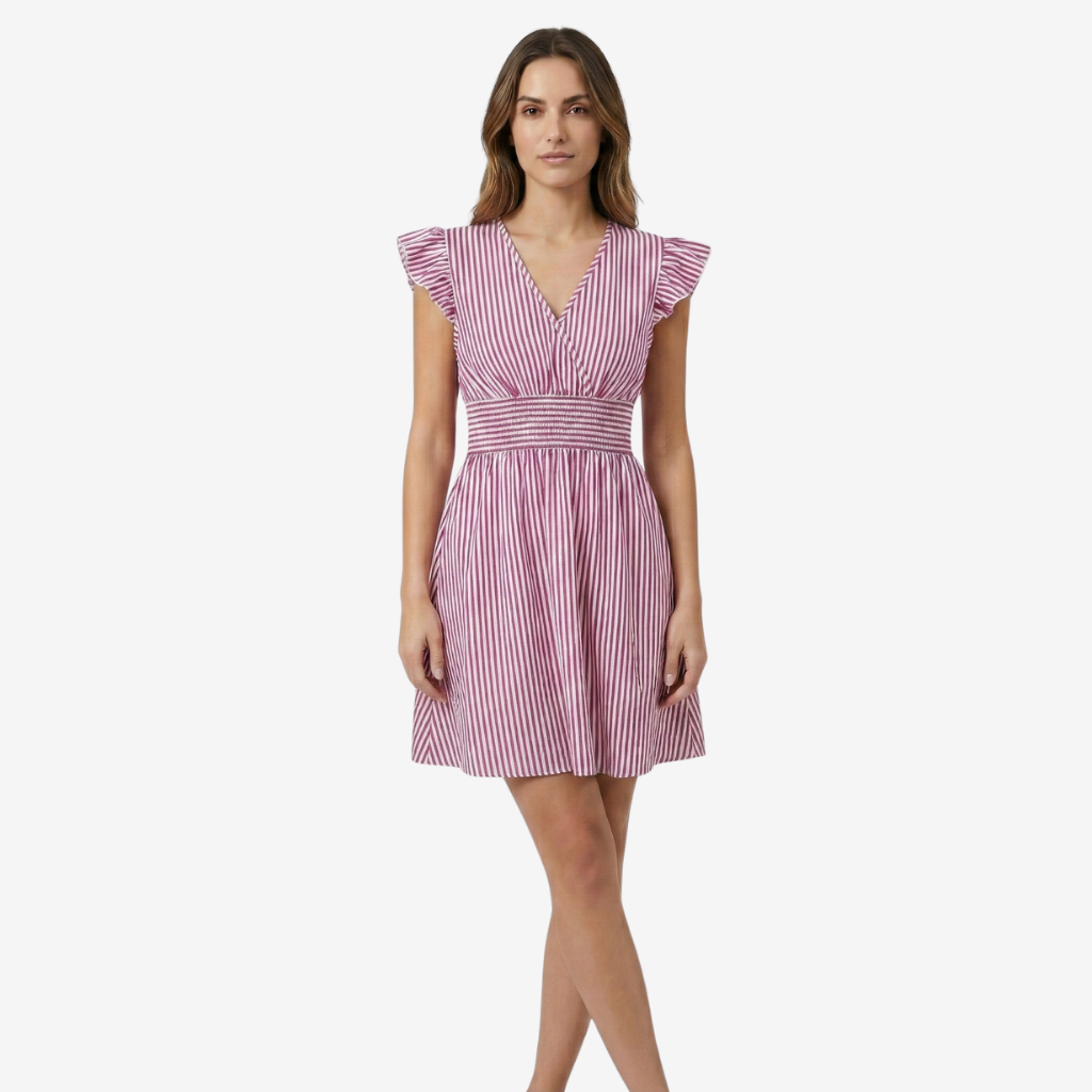 VALERIQUE | Femme Robe Décontractée à Rayures en Mélange de Coton, Col en V Profond, Manches Volantées