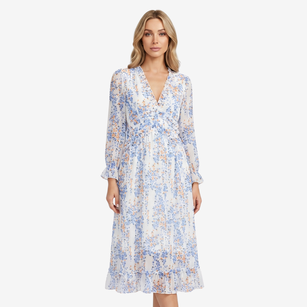 VALERIQUE | Femme Robe Longue Décontractée en Mélange de Coton Bleu et Blanc, Manches Longues, Col en V Profond