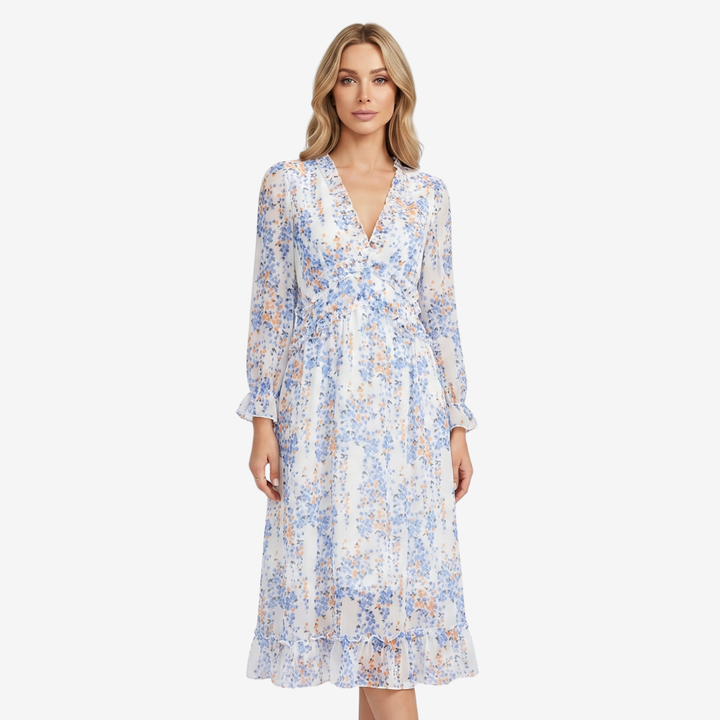 VALERIQUE | Femme Robe Longue Décontractée en Mélange de Coton Bleu et Blanc, Manches Longues, Col en V Profond