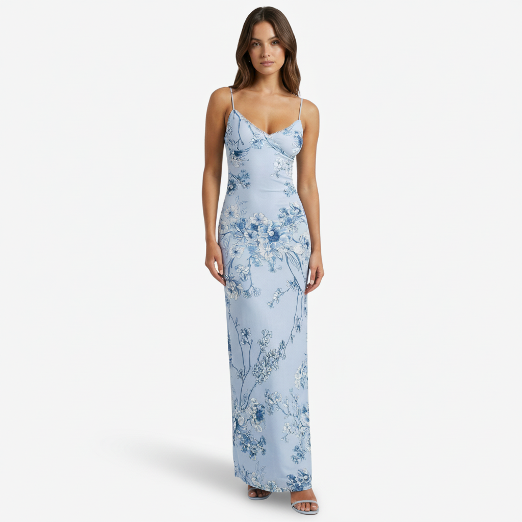 VALERIQUE | Femme Robe longue à fines bretelles coupe ajustée imprimé floral style fluide