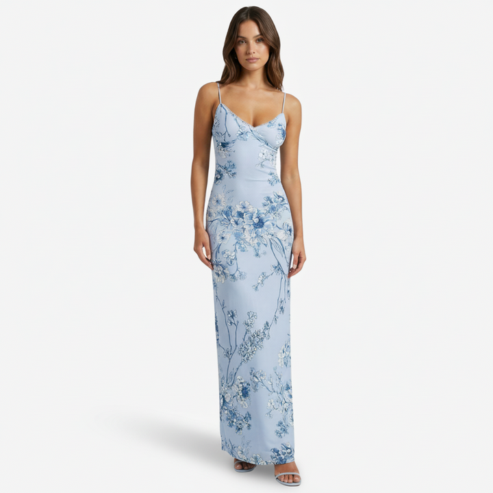 VALERIQUE | Femme Robe longue à fines bretelles coupe ajustée imprimé floral style fluide