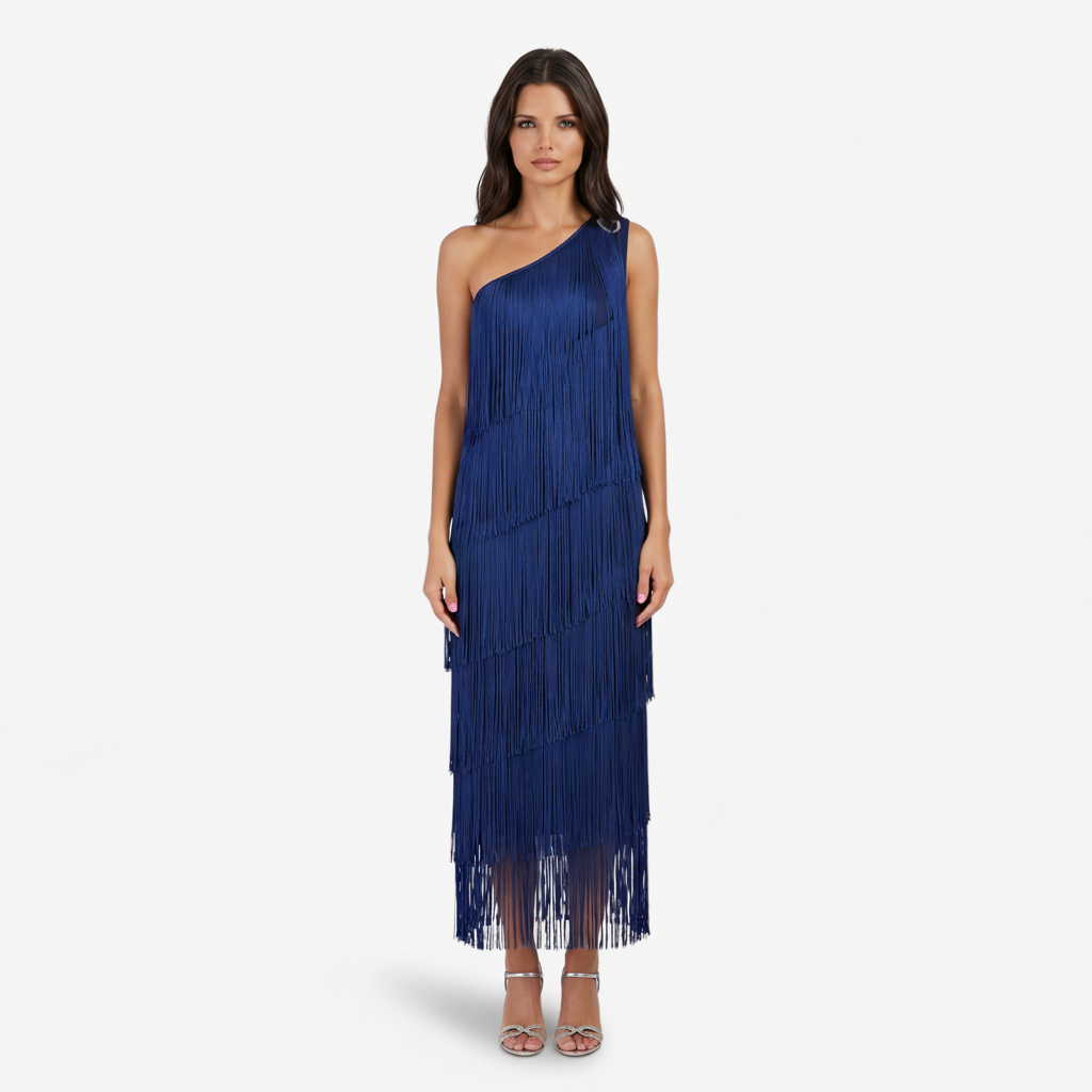 VALERIQUE | Femme Robe Formelle Asymétrique en Mélange de Coton Bleu, Franges Fluides, Bretelle Unique