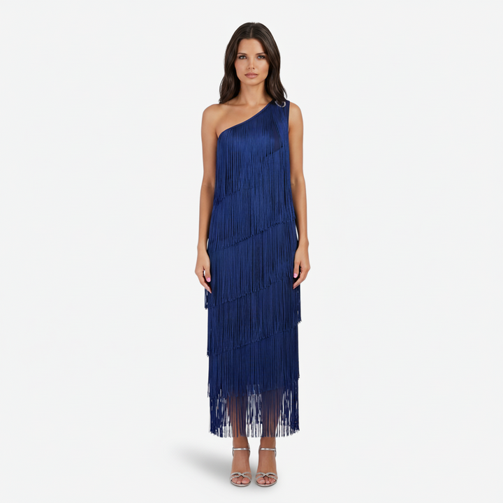 VALERIQUE | Femme Robe Formelle Asymétrique en Mélange de Coton Bleu, Franges Fluides, Bretelle Unique