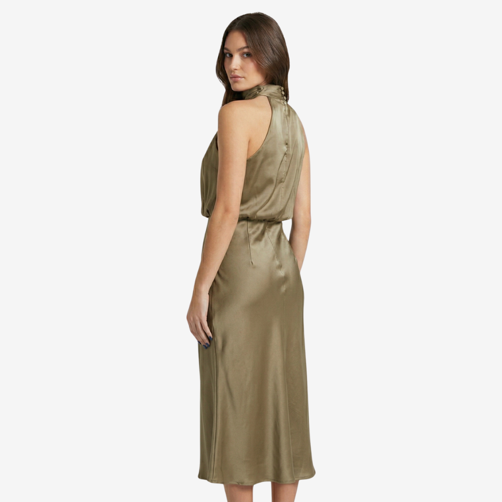 VALERIQUE | Femme Robe midi sans manches coupe ajustée col drapé style fluide