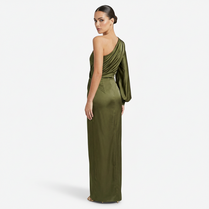 VALERIQUE | Femme Robe longue asymétrique manche longue coupe ajustée détail drapé style fluide