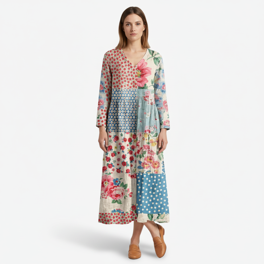 VALERIQUE | Femme Robe A-Line Patchwork Fleurie pour- Bleu Clair