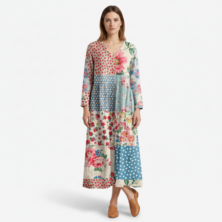 VALERIQUE | Femme Robe A-Line Patchwork Fleurie pour- Bleu Clair