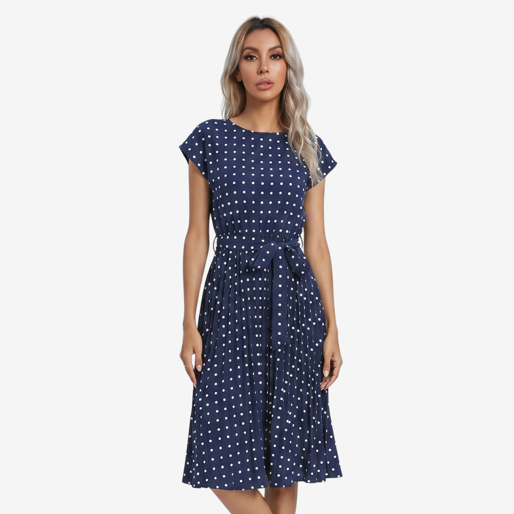 VALERIQUE | Femme Robe Décontractée A-Line en Mélange de Coton Bleu et Vert, Manches Courtes, Ceinture à Nouer