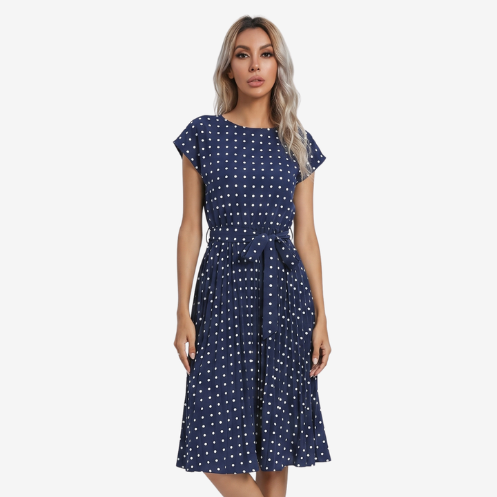 VALERIQUE | Femme Robe Décontractée A-Line en Mélange de Coton Bleu et Vert, Manches Courtes, Ceinture à Nouer