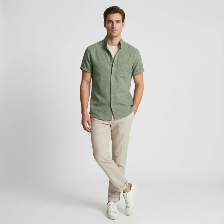 VALERIQUE | Homme chemise sauge en lin à manches courtes avec col officier et fermeture boutonnée pour usage quotidien