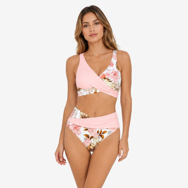 VALERIQUE | Ensemble Bikini Femme Croisé Fleuri – Maillot de Bain Deux Pièces Taille Haute