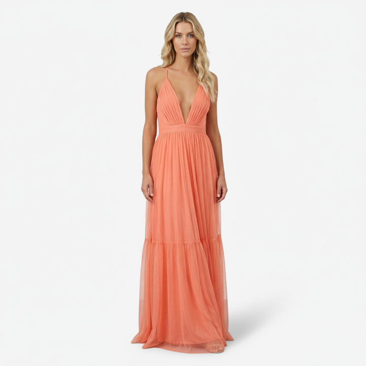 VALERIQUE | Femme Robe longue à fines bretelles coupe évasée détail plissé style fluide