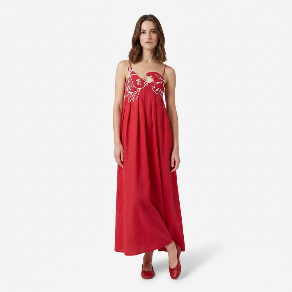 VALERIQUE | Femme Robe Maxi Décontractée en Mélange de Coton Rouge et Noir, Imprimé Poisson Blanc, Bretelles Ajustables
